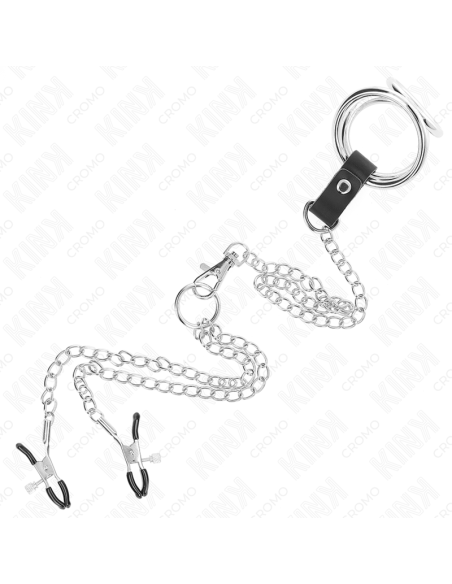 KINK - ANILLO PENE TRIPLE METAL CROMADO 3.8 CM A 5 CM CON CADENA METAL 26 CM Y PINZAS PARA PEZONES MODELO 1