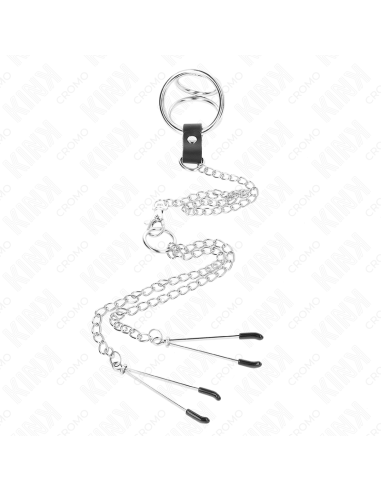 KINK - ANILLO PENE TRIPLE METAL CROMADO 3.8 CM A 5 CM CADENA METAL 26 CM Y PINZAS PARA PEZONES MODELO 2