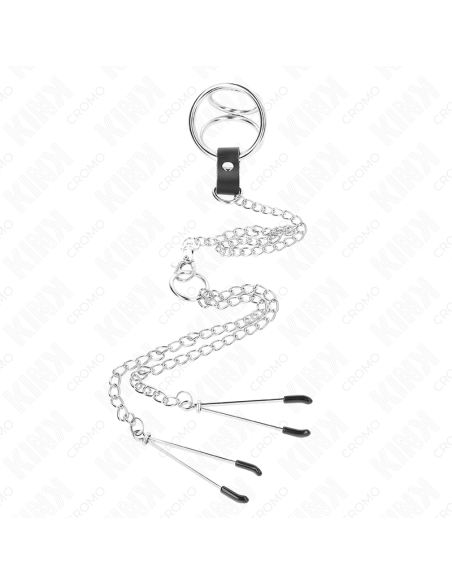 KINK - ANILLO PENE TRIPLE METAL CROMADO 3.8 CM A 5 CM CADENA METAL 26 CM Y PINZAS PARA PEZONES MODELO 2
