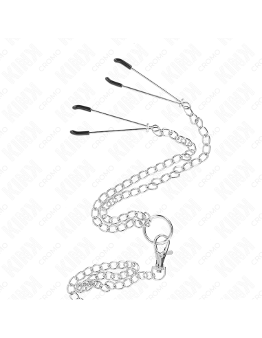 KINK - ANILLO PENE TRIPLE METAL CROMADO 3.8 CM A 5 CM CADENA METAL 26 CM Y PINZAS PARA PEZONES MODELO 2