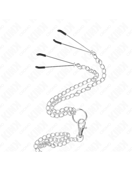 KINK - ANILLO PENE TRIPLE METAL CROMADO 3.8 CM A 5 CM CADENA METAL 26 CM Y PINZAS PARA PEZONES MODELO 2