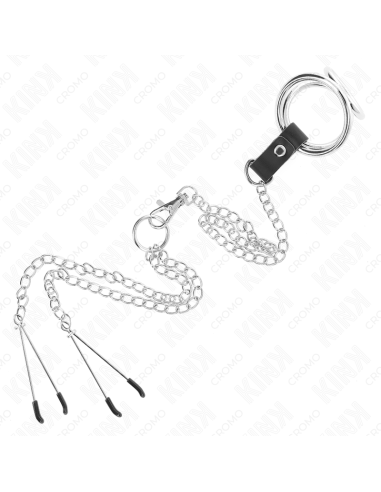 KINK - ANILLO PENE TRIPLE METAL CROMADO 3.8 CM A 5 CM CADENA METAL 26 CM Y PINZAS PARA PEZONES MODELO 2