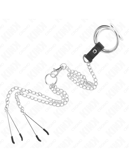 KINK - ANILLO PENE TRIPLE METAL CROMADO 3.8 CM A 5 CM CADENA METAL 26 CM Y PINZAS PARA PEZONES MODELO 2