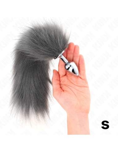 KINK - PLUG ANAL TALLA S 7 X 3 CM CON COLA SINTÉTICA 40 CM PLATEADO Y BLANCO