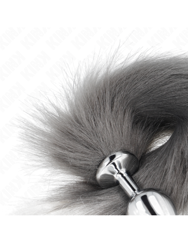 KINK - PLUG ANAL TALLA M 8 X 3.5 CM CON COLA SINTÉTICA 40 CM PLATEADO Y BLANCO