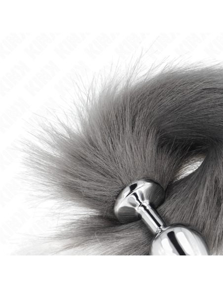 KINK - PLUG ANAL TALLA M 8 X 3.5 CM CON COLA SINTÉTICA 40 CM PLATEADO Y BLANCO
