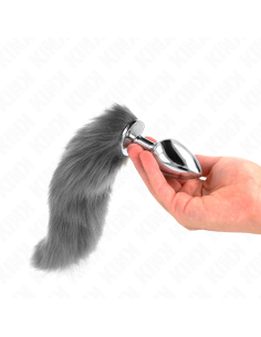 KINK - PLUG ANAL TALLA L 10 X 4 CM CON COLA SINTÉTICA 40 CM PLATEADO Y BLANCO