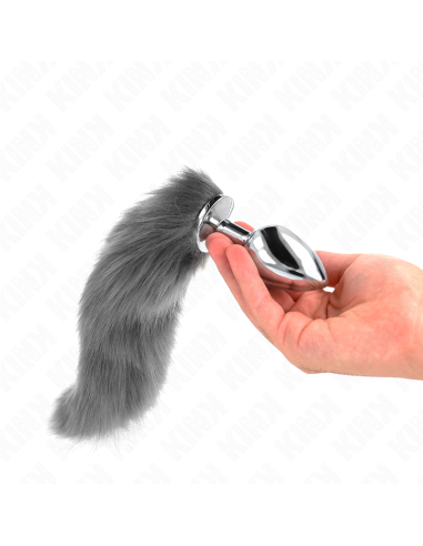 KINK - PLUG ANAL TALLA L 10 X 4 CM CON COLA SINTÉTICA 40 CM PLATEADO Y BLANCO