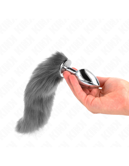 KINK - PLUG ANAL TALLA L 10 X 4 CM CON COLA SINTÉTICA 40 CM PLATEADO Y BLANCO