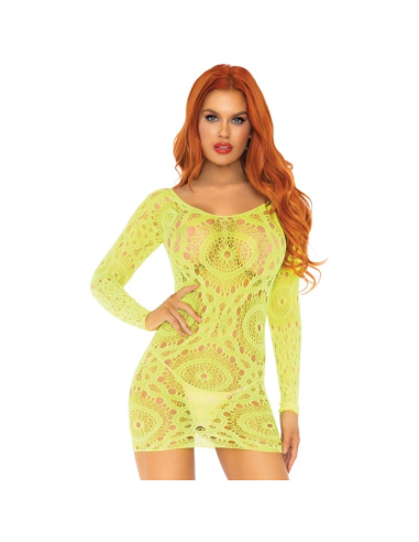 LEG AVENUE - MINI VESTIDO DE ENCAJES MANGA LARGA NEON TALLA ÚNICA