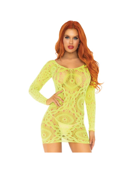 LEG AVENUE - MINI VESTIDO DE ENCAJES MANGA LARGA NEON TALLA ÚNICA