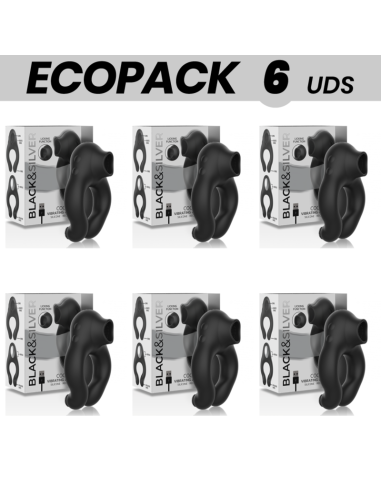 ECOPACK 6 UDS - BLACKandSILVER ANILLO VIBRADOR SILICONA 3 MOTORES RECARGABLE NEGRO