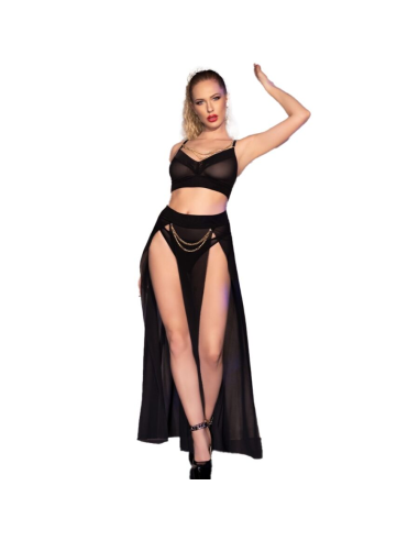 CHILIROSE - CR 4672 TOP NEGRO FALDA Y TANGA CON CADENAS DORADAS S