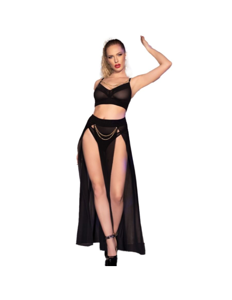 CHILIROSE - CR 4672 TOP NEGRO FALDA Y TANGA CON CADENAS DORADAS S