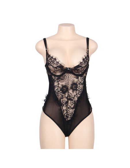 SUBBLIME - TEDDY ENCAJE FLORAL Y CON FLECOS NEGRO TALLA GRANDE