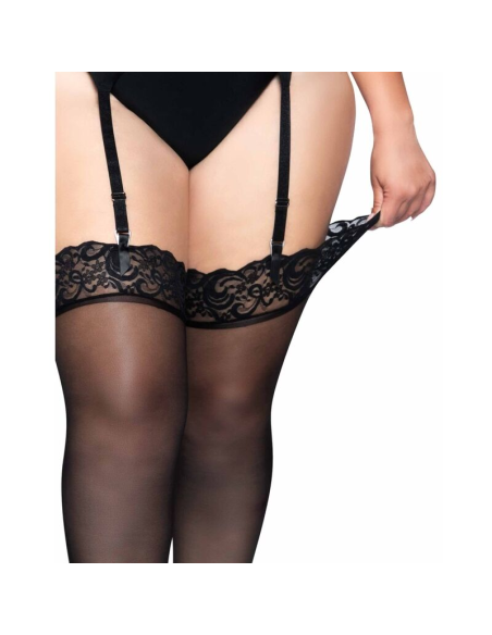 LEG AVENUE - OUTLET - MEDIAS DE NYLON NEGRAS CON ENCAJE SUPERIOR PLUS