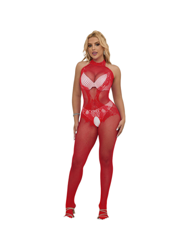 SUBBLIME - 952372 BODYSTOCKING CROTCHLESS DE REJILLA Y ENCAJE CON CUELLO ALTO ROJO TALLA ÚNICA