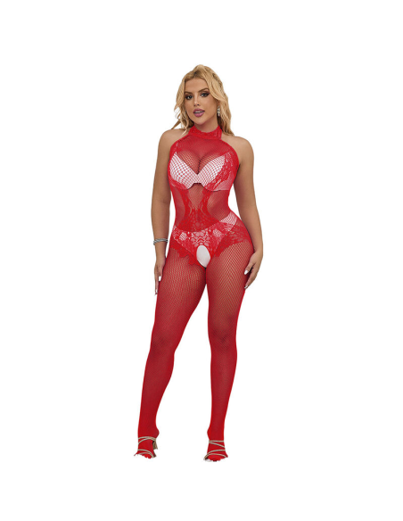 SUBBLIME - 952372 BODYSTOCKING CROTCHLESS DE REJILLA Y ENCAJE CON CUELLO ALTO ROJO TALLA ÚNICA