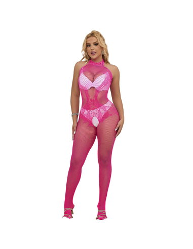 SUBBLIME - 952389 BODYSTOCKING CROTCHLESS DE REJILLA Y ENCAJE CON CUELLO ALTO ROSA TALLA ÚNICA