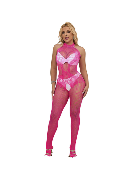 SUBBLIME - 952389 BODYSTOCKING CROTCHLESS DE REJILLA Y ENCAJE CON CUELLO ALTO ROSA TALLA ÚNICA