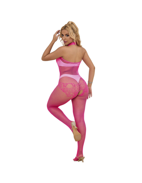 SUBBLIME - 952389 BODYSTOCKING CROTCHLESS DE REJILLA Y ENCAJE CON CUELLO ALTO ROSA TALLA ÚNICA
