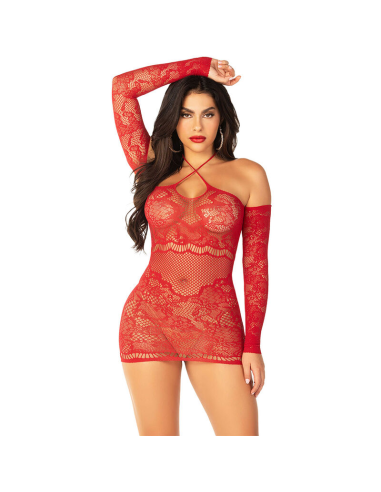 LEG AVENUE - MINIVESTIDO DE REJILLA CON HOMBROS DESCUBIERTOS Y MANGA LARGA ROJO