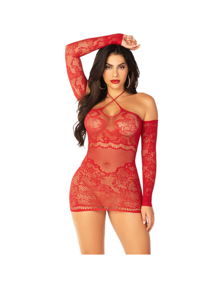 LEG AVENUE - MINIVESTIDO DE REJILLA CON HOMBROS DESCUBIERTOS Y MANGA LARGA ROJO