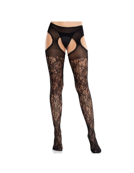 LEG AVENUE - MEDIAS DE ENCAJE FLORAL CON LIGAS UNIDAS NEGRO