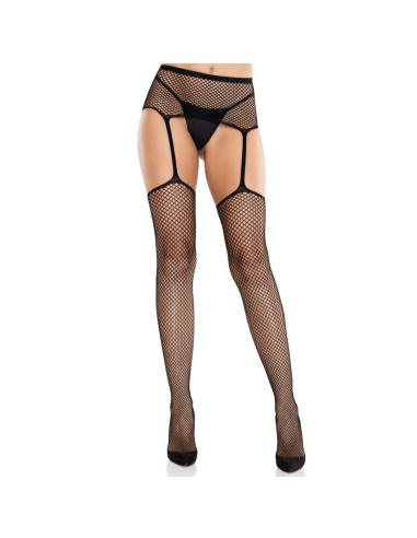 LEG AVENUE - MEDIAS DE ENCAJE CON CRUZ Y PORTALIGAS NEGRO