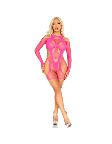 LEG AVENUE - BODY DE REJILLA CON LIGA Y ARNÉS ROSA NEÓN