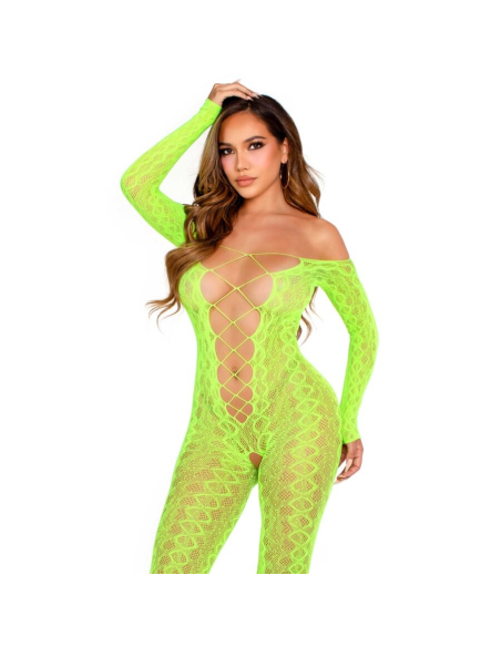 LEG AVENUE - BODYSTOCKING SIN ENTREPIERNA DE ENCAJE DE SERPIENTE EXÓTICA VERDE NEÓN