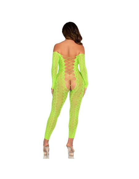 LEG AVENUE - BODYSTOCKING SIN ENTREPIERNA DE ENCAJE DE SERPIENTE EXÓTICA VERDE NEÓN