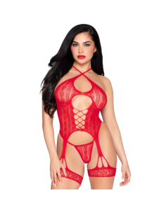 LEG AVENUE - 89338 SET BODY ABIERTO CON LIGUERO TANGA DE ENCAJE ROJO - TALLA ÚNICA