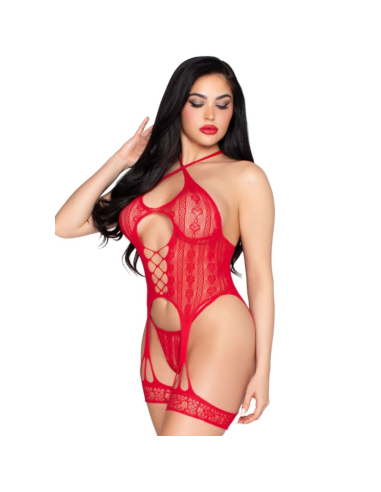 LEG AVENUE - 89338 SET BODY ABIERTO CON LIGUERO TANGA DE ENCAJE ROJO - TALLA ÚNICA