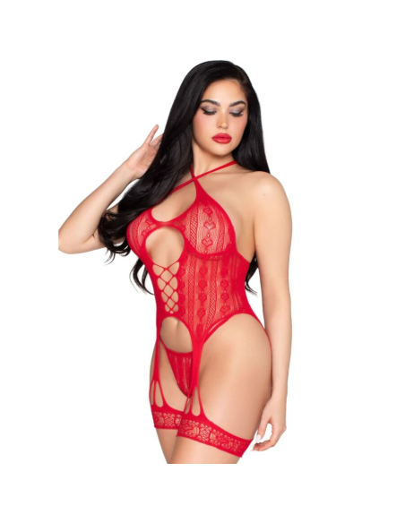 LEG AVENUE - 89338 SET BODY ABIERTO CON LIGUERO TANGA DE ENCAJE ROJO - TALLA ÚNICA