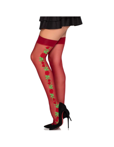 LEG AVENUE - 1957 MEDIAS DE LIGUERO CON FLORES ROJAS - TALLA ÚNICA