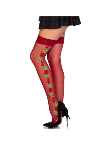 LEG AVENUE - 1957 MEDIAS DE LIGUERO CON FLORES ROJAS - TALLA ÚNICA