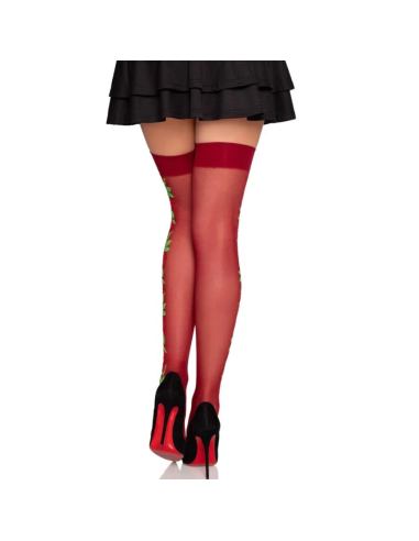 LEG AVENUE - 1957 MEDIAS DE LIGUERO CON FLORES ROJAS - TALLA ÚNICA