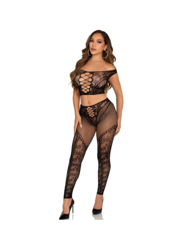LEG AVENUE - CROP TOP Y LEGGING DE REJILLA CON HOMBROS DESCUBIERTOS NEGRO