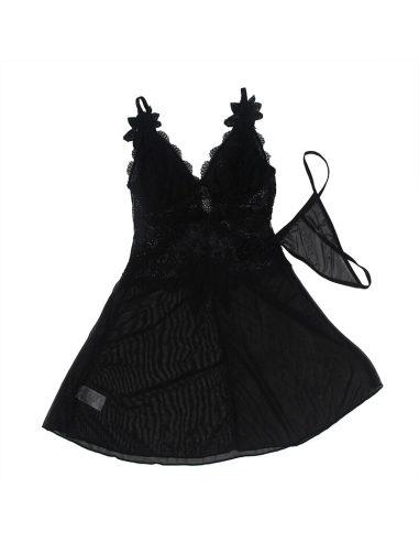 SUBBLIME - BABYDOLL TELA DE TUL DETALLE ENCAJE Y FLOR NEGRO S-M