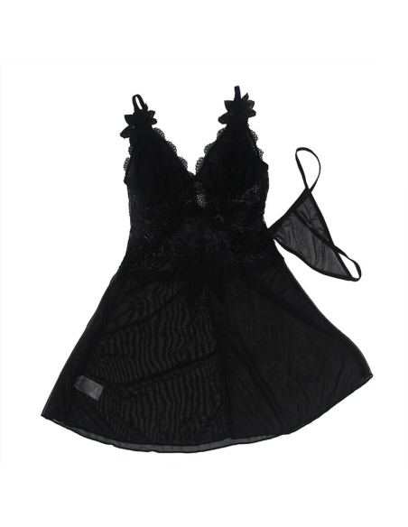 SUBBLIME - BABYDOLL TELA DE TUL DETALLE ENCAJE Y FLOR NEGRO S-M
