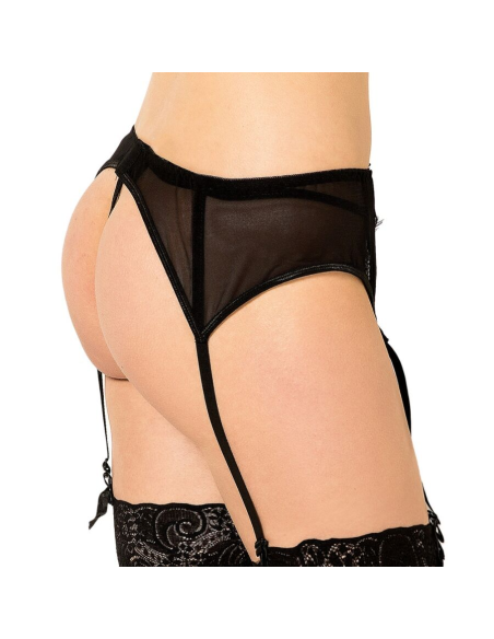 QUEEN LINGERIE - TANGA CON LIGUERO DE ENCAJES NEGRO S-M